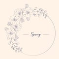 Wreath of apple blossom flowers, buds and branches, vector illustration. Frame with spring flowers of apple tree. Engraving style