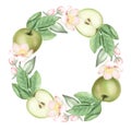 Wreath of apple tree branches, flowers and green apples