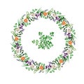 Wreath of aromatic herbs of sage, parsley, basil and heads of garlic and onions