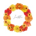 Wreath of autumn gerber daisies, asters and black-eyed susan flowers, hand drawn isolated illustration