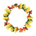 Wreath of autumn gerber daisies and asters flowers, hand drawn isolated illustration on white background, for wedding cards