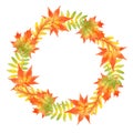 Wreath of autumn leaves. Hand drawn watercolor isolated on white background. Royalty Free Stock Photo