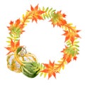 Wreath of autumn leaves and pumpkins. Hand drawn watercolor isolated on white background. Royalty Free Stock Photo