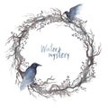 Watercolor wreath of bare branches and ravens sitting inside