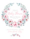 Wreath of blossom pink cherry flowers in watercolor style with white background. Set of summer blooming japanese sakura