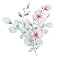 Wreath of blossom pink cherry flowers in watercolor style with white background. Set of summer blooming japanese sakura