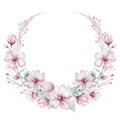 Wreath of blossom pink cherry flowers in watercolor style with white background. Set of summer blooming japanese sakura