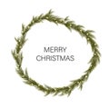 The wreath of branch Christmas tree with glowing garland on white background. Vector illustration for new year and christmas desig Royalty Free Stock Photo