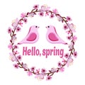 Wreath of branches of a flowering tree with two pink birds and the words Hello spring