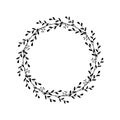 Wreath of branches, leaves, berries. Black linear drawing. Decorative border, festive design element. Round floral frame. Vector