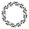 Wreath of branches, leaves, berries. Elegant festive border. Floral frame. Black vector drawing on white background. Plant Royalty Free Stock Photo