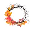 Wreath with branches, maple leaves, autumn berries. Watercolor autumn frame Royalty Free Stock Photo