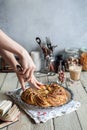 Wreath Bread on a vintage tray with pistachio filling Royalty Free Stock Photo