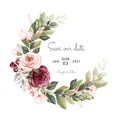 Wreath of brown and burgundy watercolor roses and wild flowers with various leaves. Botanic illustration for card composition Royalty Free Stock Photo