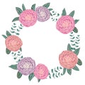 Wreath with camellias and spiral eucalyptus. Decorative holiday floral background.