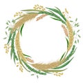 Wreath with cereals. Barley, wheat, rye, rice, millet and oat. Collection decorative floral design elements.