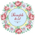 Wreath Of Chamomile And Rose Flower, Vector Floral Background, Round Flower Frame, Border. Drawn Bud Pink Rose Flower