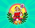 Wreath christmas tree with Santa woman holding megaphone for announce Royalty Free Stock Photo