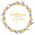 Wreath, circle frame border with yellow dry wildflowers, lupine and lavender flowers