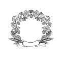 Wreath circle frame from ribbon, hops and ear wheat. Vector sketch black white illustration emblem of holiday