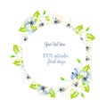 Wreath, circle frame with simple watercolor white and blue spring flowers, green leaves Royalty Free Stock Photo