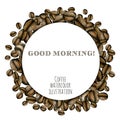 Wreath, circle frame with watercolor coffee beans Royalty Free Stock Photo