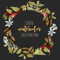 Wreath, circle frame from watercolor coffee branches, flowers and beans at different stages of maturation Royalty Free Stock Photo