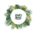 Wreath or circular garland made of palm tree leaves or foliage of tropical plants and lettering Summer inside