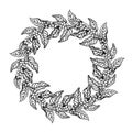 A wreath of coffee tree branches, black and white vector graphics, hand-drawn. On a white background. For banners Royalty Free Stock Photo
