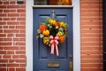 wreath on colonial homes front door, brick background
