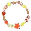 Wreath of color autumn leaves. Round colorful frame, border. Theme is forest, nature, happy fall, thanksgiving Royalty Free Stock Photo