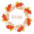 Wreath of colorful autumn leaves and flowers. Fall theme vector illustration. Thanksgiving day greeting card or invitation Royalty Free Stock Photo