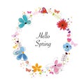 Wreath colorful floral Spring flowers with abstract decorative flowers, hearts and butterflies. Circle Frame ``Hello Spring`` text Royalty Free Stock Photo