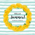 Wreath dandelions isolated, Summer flowers, Hello summer advertising inscription. Trendy striped blue background. All