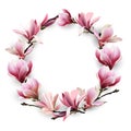 Wreath of delicate flowers pink Magnolia. Template