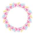 A Wreath Of Delicate Pink Watercolor Flowers With Blue And Yellow Petals. Hand Painted, Floral Frame With Place For Text. Template