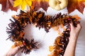 Wreath on the door, Halloween step by step instructions, diy. Thanksgiving door decor, lesson for children. Step 2