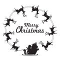 Wreath Elements with Santa Claus rides reindeer sleigh spinning around make frame for blank copy space for text. vector silhouette Royalty Free Stock Photo
