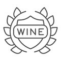 Wreath and emblem with sign wine thin line icon. Laurel crown with shield wine text outline style pictogram on white