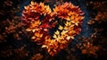 A wreath of fall leaves forms a heart. AI generation