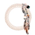 Wreath of feathers and ropes painted in watercolor on a white background, ethnic, boho