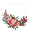 Wreath, floral frame, watercolor flowers, peonies and leaves, Illustration hand painted. Isolated on white background Royalty Free Stock Photo