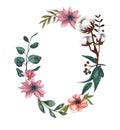 Wreath of flowers and leaves. Watercolor illustration on white isolated background. Floral frame for text Royalty Free Stock Photo