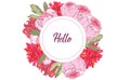 Wreath of flowers. Round frame with white, pink asters, peonies, vintage background, digital draw illustration, template