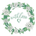 Wreath with flowers in sketchWreath with flowers in sketch style. Wreath with text With Love. Flowers with ribbon. Beautiful flowe