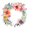 Wreath of flowers. Watercolor hand drawn painting floral colorful wreath pattern. Place for text. Botanical vector background.