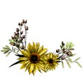 Wreath in the form of a bouquet of two sunflower leaves and dry grass Royalty Free Stock Photo