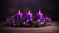 Wreath with four burning purple advent candles on a dark wooden background with festive bokeh lights, Christmas Eve, banner Royalty Free Stock Photo