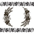 Wreath or frame of branches of hops, and beer hop seamless border. Set of elements for brewery design. Hand drawn vector