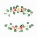 Wreath frame made of branches eucalyptus, pink ranunculus, roses and leaves isolated on white background. lay flat, top Royalty Free Stock Photo